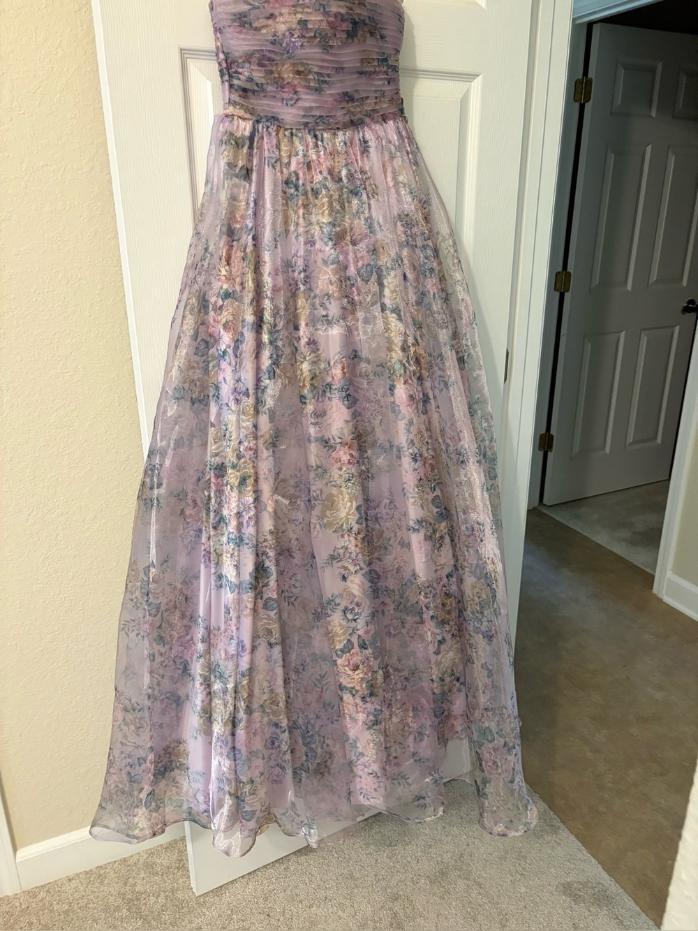 City Vibes Strapless elastic around top bow in back lavender Floral Maxi Dress